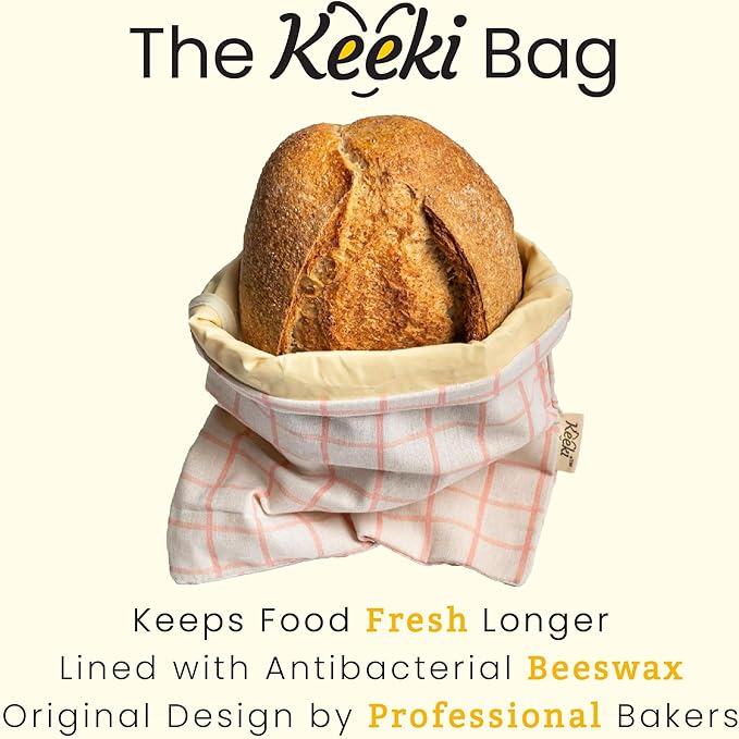 Keeki Bag - The Original Beeswax Lined Bread Bag for Homemade & Sourdough | Reusable Linen Bread Storage | Beeswax Wrap Alternative | Plastic-Free Storage w/Wide Drawstring Closure (Pink)
