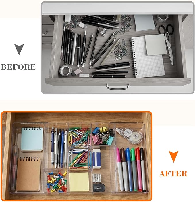 Briwooody 2 Pcs Large Expandable Acrylic Drawer Organizers, Grid Adjustable Drawer, Dividers Organizer for Desk, Makeup, Jewelry, Office, Kitchen Supplies (Transparent,11 Compartments)