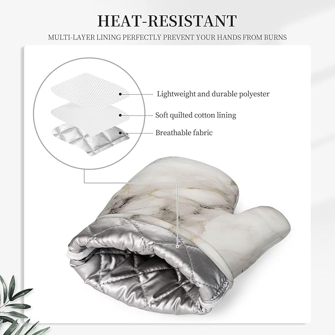Oven Mitts and Pot Holders Set, Marble Pattern Gray White Silicone Kitchen Accessories 4 Piece Heat Resistant Long Gloves Potholder Non-Slip Grip for Chef Cooking Baking Grilling BBQ