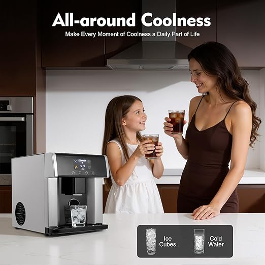 2-in-1 Ice Makers Countertop, Chewable Pellet Ice Machine with Self-Cleanin Function, 33lbs/24H Portable Ice Makers for Home Kitchen Officce, Silver+Black