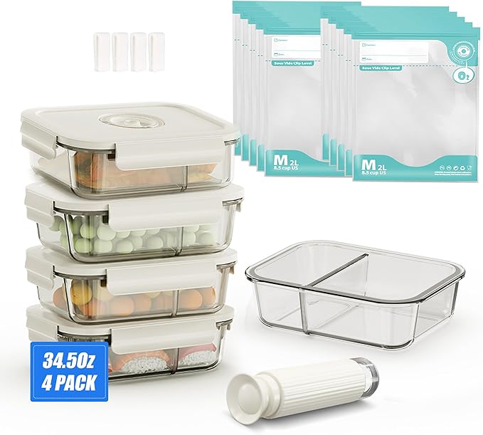Vacuum Sealer & Food Storage Container for Food, Handheld Vacuum Pump For Glass Vacuum Storage Containers|2 compartment L [34.5 Oz-4 PACK] & 10 Reusable Food Saver Sealer Bags [8.5 Cups]