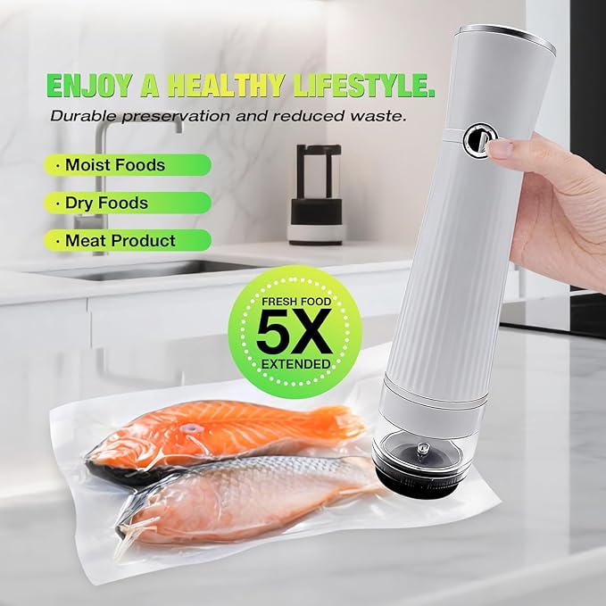 RAIN SPIRIT Handheld Vacuum Sealer for Food, Compact Vacuum Sealer Machine,Cordless Portable Food Saver Machine & Reusable Bags Compact for Travel, rechargeable vacuum sealer (White with 20 bags)