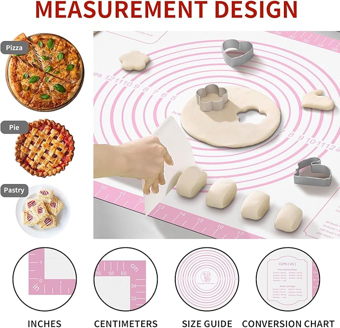 Non-stick Silicone Pastry Mat, Extra Large Baking Mat for Cookie Bread Pizza Pie Crust, Silicone Dough Mat for Rolling, Non-slip& Heat Resistant Pink 32X24 INCH
