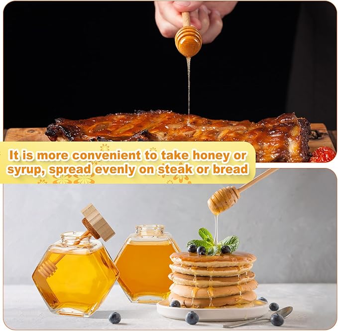Sunnyray 20 Pcs Glass Honey Jars with Dipper Hexagonal Clear Glass Dispenser Small Honey Containers Bottle with Wooden Dipper and Cork Lid for Home Storage Kitchen (100 ml)
