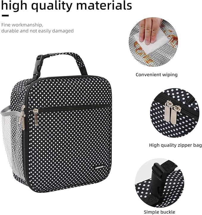 Lovoeo Lunch box Lunch bag for men women Insulated Lunchbox Lunch bags for Work Picnic Travel (Black polka dot)