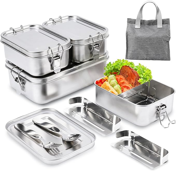 304 Stainless Steel Bento Box 4 Pack,1400/850/550ml Stainless Steel Lunch Box with Spoon, Fork, Lunch Bag, Leak Proof Stackable Food Containers with Lids for Adults Office Camping Picnic Travel