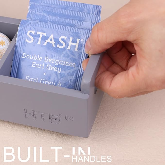 HTB Slim Tea Bag Organizer 2pcs, Grey 3 Compartments Tea Box Wooden with Handle for Small Space, Wood Tea Organizer for Tea Bags