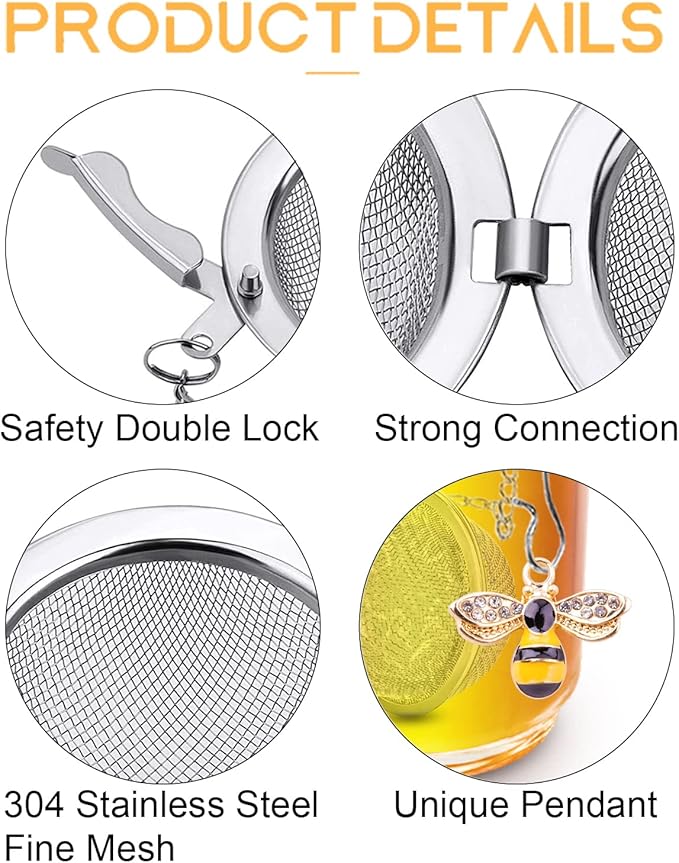 TeaSanavie Handmade Tea Ball Infusers - 2pcs, Honey Bee Strainers with Bee Charm Pendant for Loose Leaf Tea