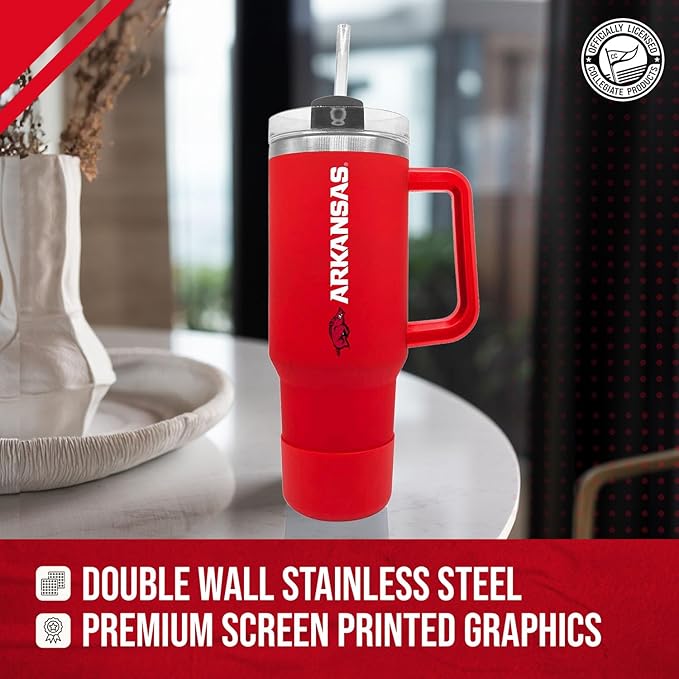 Campus Colors College & University 40 oz Travel Tumbler With Handle - Dual Option Lid With Straw - Vacuum Insulated Stainless Steel (Arkansas Razorbacks - Cardinal)