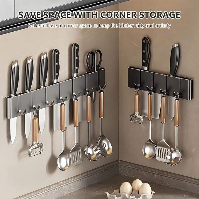 Kitchen Utensil Hanger: Wall Mount Holder Hanging Rack,7 Hooks Utensil Racks,No Drilling for Kitchen,Pantry,Bathroom,Livingroom 15.75 Inch (Dark Gray)