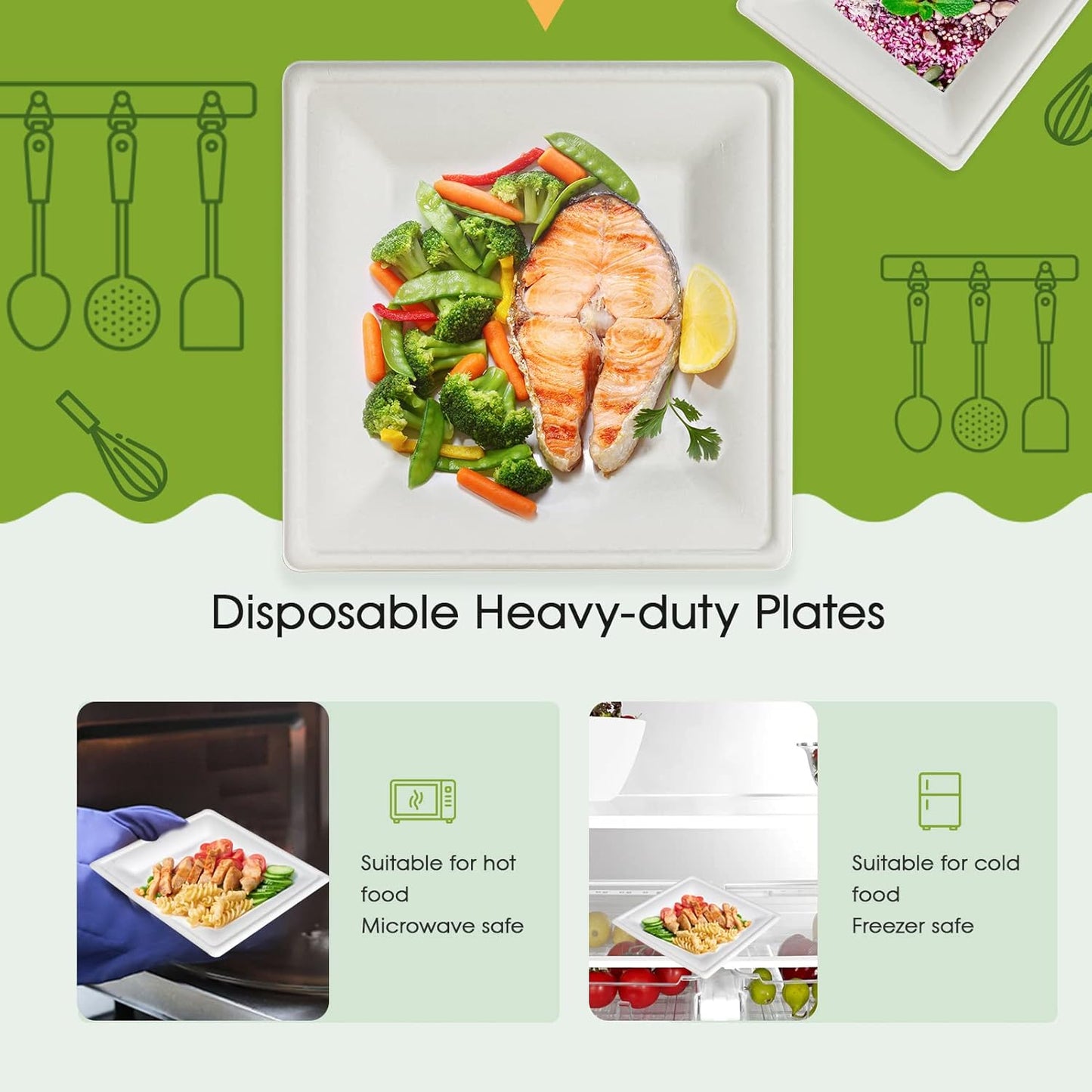ECOLipak 120 Pack Compostable Paper Plates, 10 inch and 8 inch Heavy Duty Eco friendly Sugarcane Biodegradable Disposable Square Plates for Party Dinner Birthday