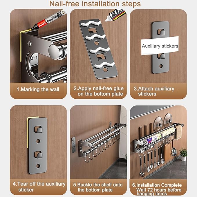 Hanging Wall Mount Knife Wall Mount,Kitchen Utensil Hanger,Space-Saving Kitchen Utensil Rack with Hooks,Kitchen Storage Shelf for Utensils Spatula Spoon, Easy to Clean (Grey, 40CM+8Hook)