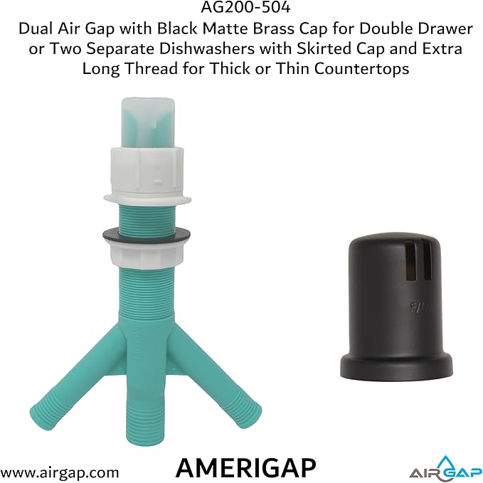 Dual Air Gap with Black Matte Brass Cap for Double Drawer or Two Separate Dishwashers with Skirted Cap and Extra Long Thread for Thick or Thin Countertops (AG200-504, AG200-X04, AMERIGAP)
