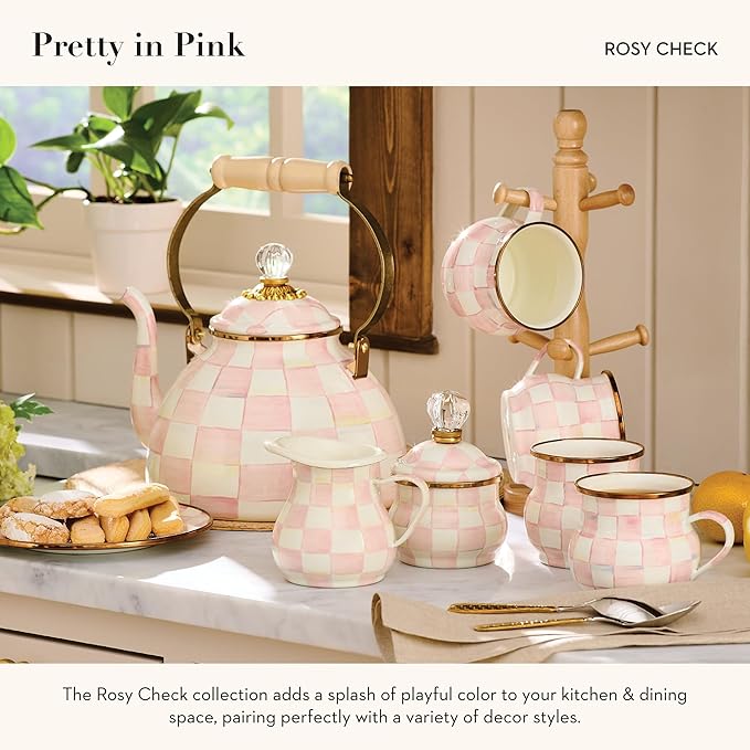 MACKENZIE-CHILDS Enamel Creamer and Sugar-Bowl Set, Cream Dispenser and Sugar Holder, Unique Kitchen Decor, Pink-and-White Rosy Check