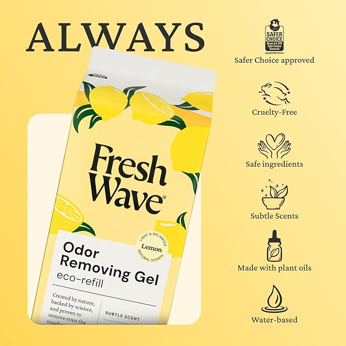 Fresh Wave Odor Removing Gel Eco-Refill, 63 oz. Lemon Scent | 4 Empty Refillable Glass Jars | 4 Room Set