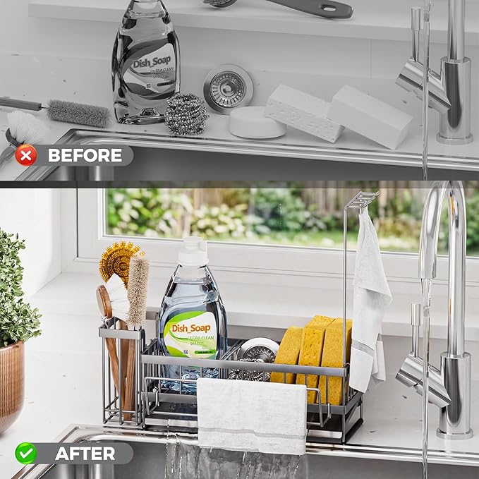Sponge Holder for Kitchen Sink – Rustproof Stainless Steel with Detachable Drainboard, Brush Rack & Towel Bar | Compact, Non-Slip Design for Countertop Bathroom