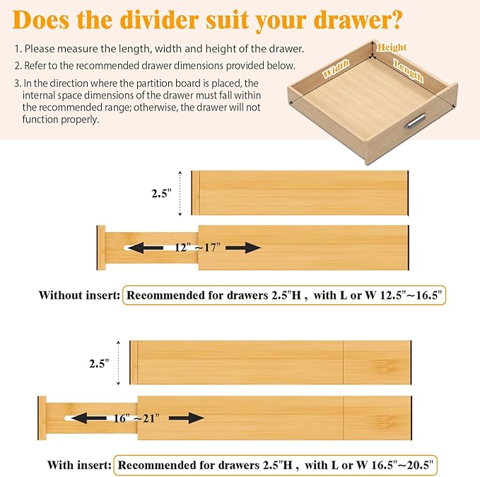 Bamboo Drawer Dividers,12-21" Adjustable Drawer Organizers for Clothes,Expandable Dresser Separators in Kitchen/Bedroom/Bathroom/Vanity/Office Organization and Storage,4-Pack