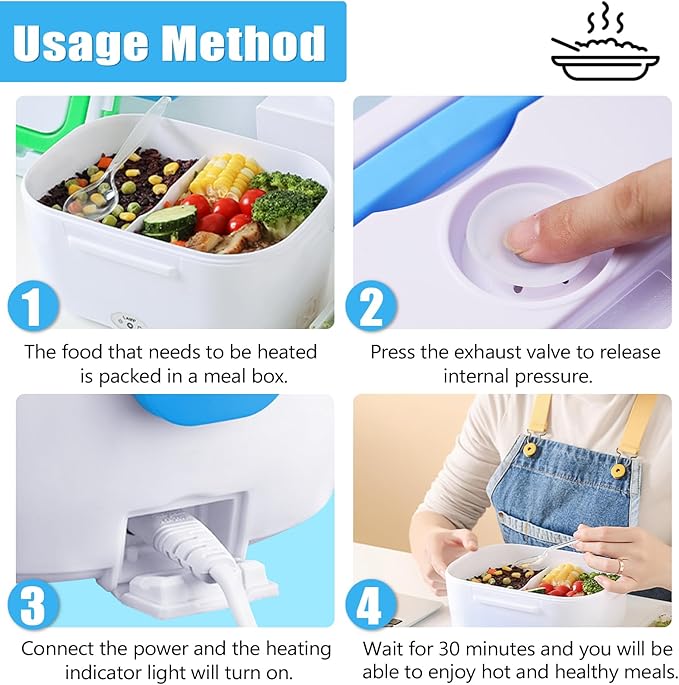 INVODA Electric Lunch Box 110V Food Heating Lunch Hot Box Portable Insulated Bento Box Electric Lunch Container for Office Travel Home (Blue)