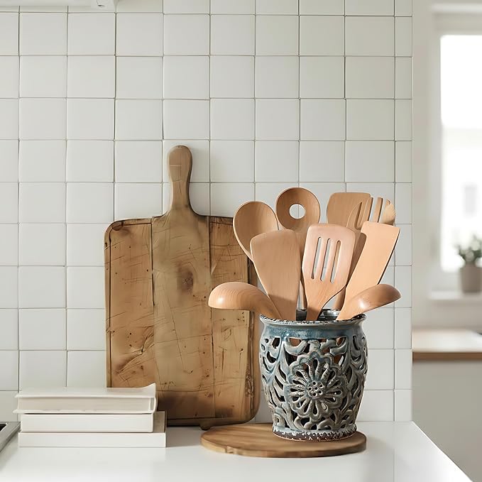 Farmhouse Kitchen Utensil Holder for Kitchen Counter, Ceramic Large Cooking Utensil Crock with Cork Mat, Decorative Rustic Utensil Organizer for Countertop, Spatula, Grayish Blue
