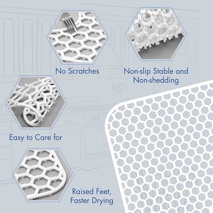 Bestjing 2 Pack Silicone Sink Protectors for Kitchen Sink with Center Drain, 13.58''x 11.6'' Non-Slip Heat Resistant Mat Grid for Bottom of Stainless Steel Porcelain, Dishwasher Safe (White)