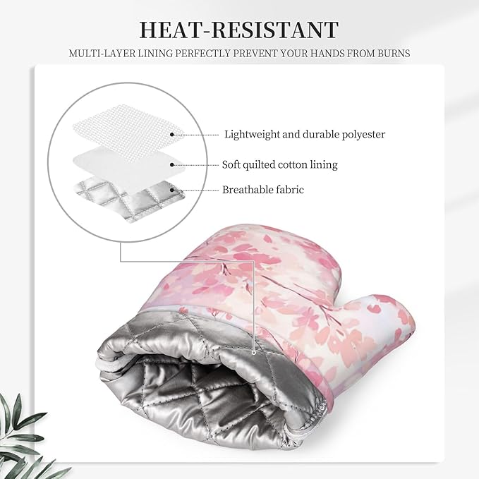 Oven Mitts and Pot Holders Cherry Blossom Flower Japanese Art Silicone Kitchen Accessories Set of 4 Heat Resistant Long Gloves Potholder Non-Slip Grip for Chef Cooking Baking Grilling BBQ