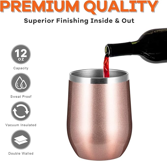 COMOOO Stainless Steel Wine Tumbler with Lid and Straw 12oz Double Wall Vacuum Insulated Travel Tumbler Cup for Coffee, Wine, Cocktails, Champagne (Black White Silver and Rose Gold,8 Pack)