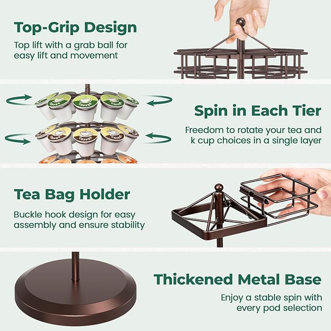 EsLuker.ly K Cup Holder Coffee Pod Organizer Carousel for Countertop, Rotatable Metal 4-Tier Storage Rack Stand for 30 K Cups & Tea Bags, Convenience Meets Elegance, Coffee Brown