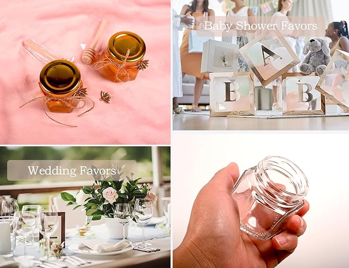 Adabocute Honey Pot 2oz, Mini Glass Honey Jars with Wood Dipper, Gold Lid, Bee Pendants, Beige Gift Bags, Thank-you Tags, Ideal for Baby Showers Favors Wedding Favors, 15 Pack