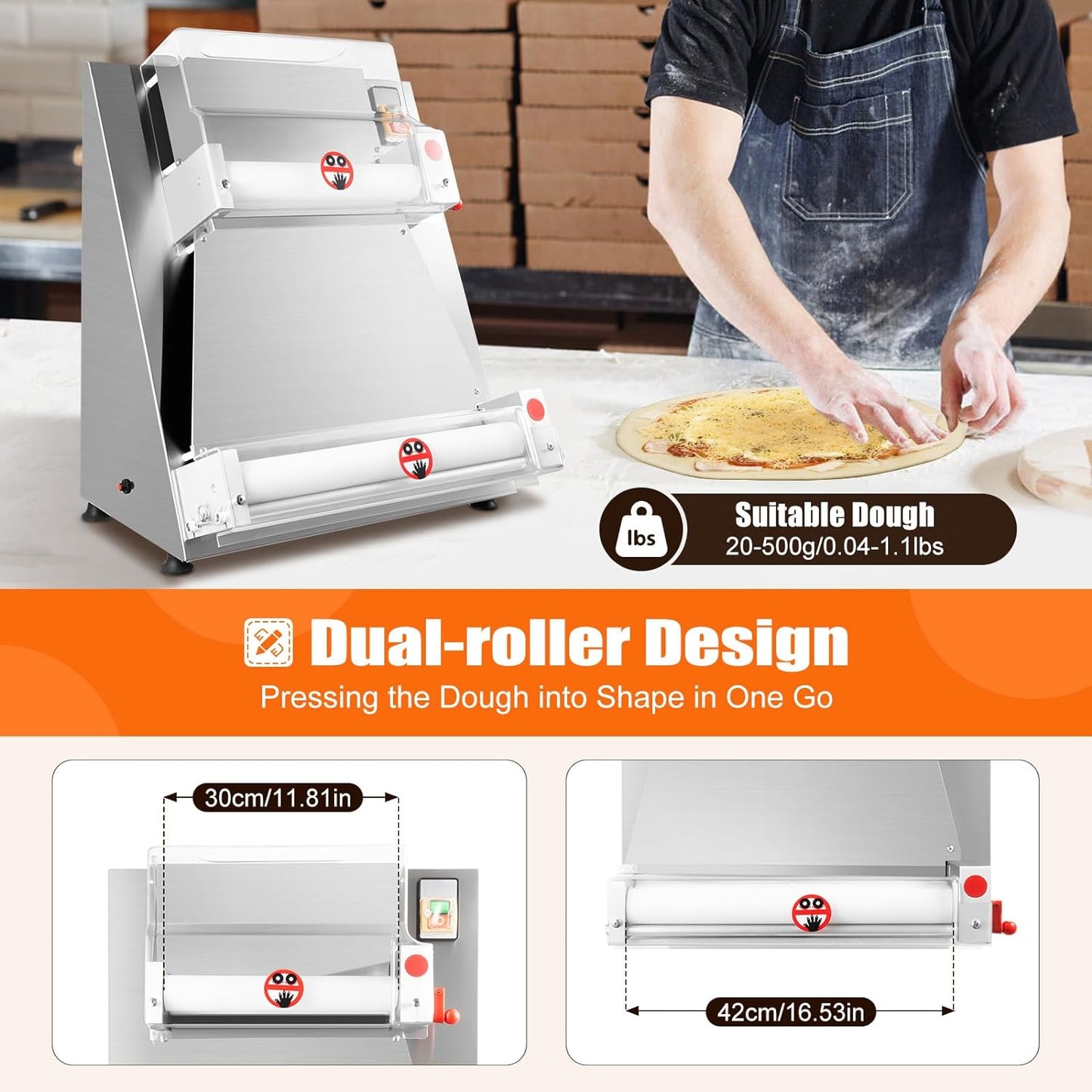 Pizza Dough Roller Sheeter, 4-15.7 Inch Automatic Commercial Pizza Press, 370W Electric Dough Roller, Stainless Steel Thickness Adjustable Dough Machine Pasta Maker - About 5S/Dough