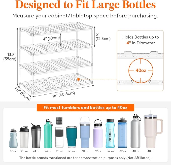 Lifewit Stackable Bottle Storage Organizer, Clear Freestanding Wine Holder for Cabinet, Large Slot Water Bottle Tumbler Organizer for Pantry, Plastic Wine Rack for Fridge Cellar, 4Tier Hold 16