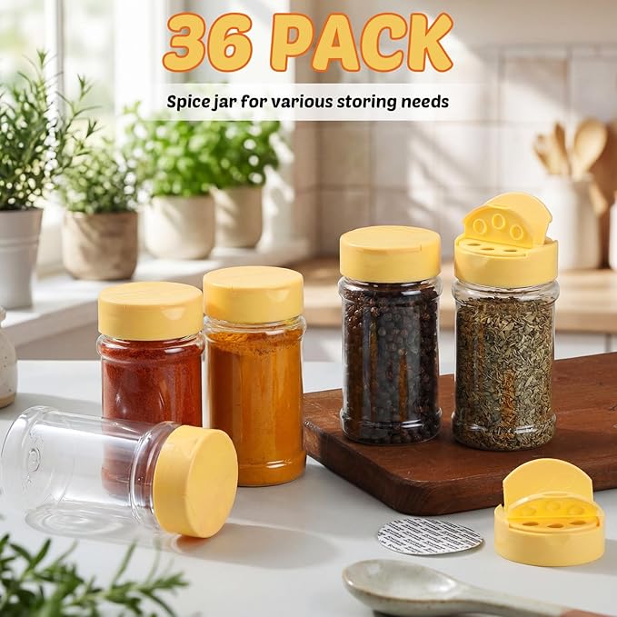 Jadive 36 Pcs 5.5 oz Plastic Spice Jars with Shaker Lids Clear Spice Bottles Plastic Seasoning Containers Empty Shaker for Kitchen Storing Herbs Seasoning Powders Pepper Dry Goods (Yellow)