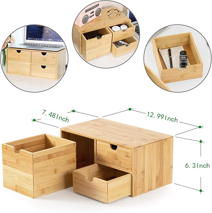 Wisuce Bamboo Desk Drawer Organizer, Desktop Organizer with Drawers Tabletop Storage Organization Box for Office Home Toiletries Supplies Vanity, No Assembly Required(3 Drawers-left right)