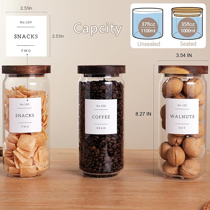 CZZGSM 3 Set Glass Pantry Storage Jars with Acacia Airtight Lid - 35oz Thicken Glass Kitchen Canisters with 132 Pantry Labels - Clear Food Storage Containers with Wood Lid for Tea,Sugar,Cookie,Pasta