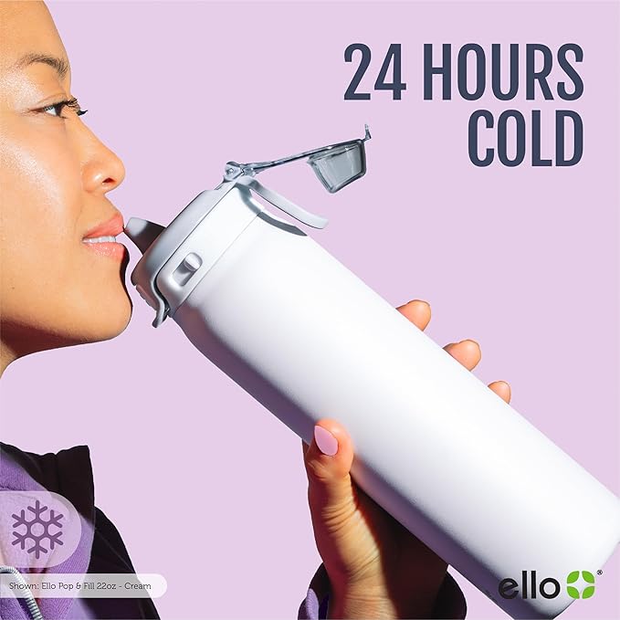Ello Pop & Fill 22oz Stainless Steel Water Bottle with QuickFill Technology, Double Walled and Vacuum Insulated Metal, Leak Proof Locking Lid, Straw and Chug, Reusable, BPA Free, Blossom Bliss