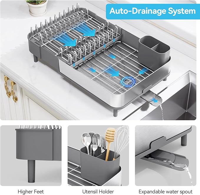Urackify Dish Drying Rack, 304 Stainless Steel Dish Drainer with Removable Utensil Holder & Drain Board, Rustproof Space-Saving Dish Rack for Kitchen Countertop, Grey