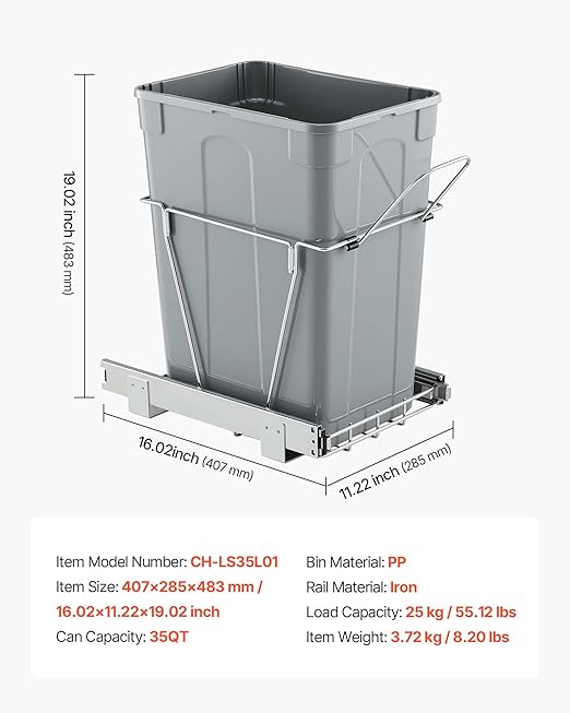 VEVOR Pullout Trash Can for Kitchen Cabinets, 35 QT Garbage Waste Recycling Bin, Under Mount Waste Container, with Heavy Duty Metal Full Extension Sliding System and Handle, for Sink, Under Counter