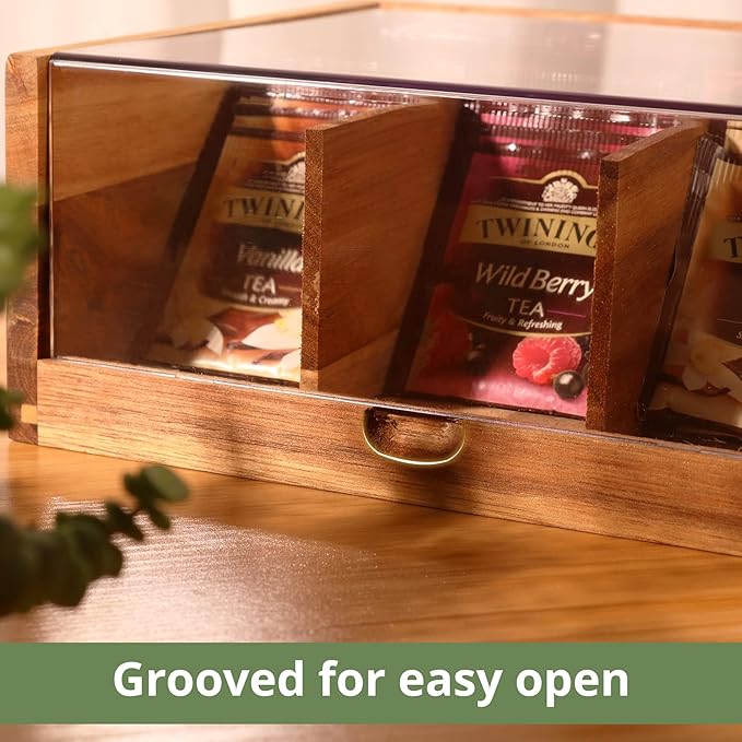 HTB Acacia Wood Tea Bag Organizer Storage, Gift Box 6 Compartments Tea Chest Box with Acrylic Transparent Hinged Lid