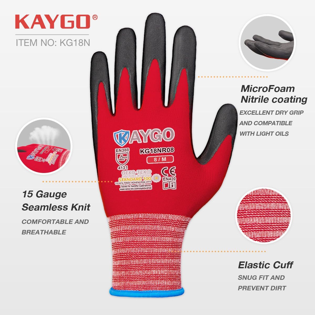 Safety Work Gloves MicroFoam Nitrile Coated-12 Pairs,KAYGO KG18NB,Seamless Knit Nylon Glove with Black Micro-Foam Nitrile Grip,Ideal for General Purpose,Automotive,Home Improvement, Red
