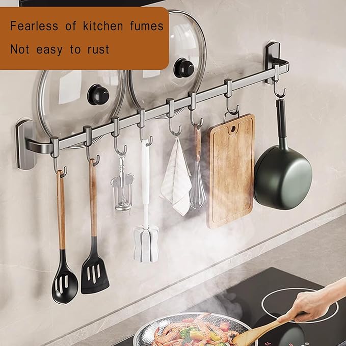 Rail Rack Organizer Self Adhesive Kitchen Utensil Rack Aluminum Wall Mounted Hanging Rail 8 Removable Hooks Pots Pans Spoons Knives,Grey,45cm