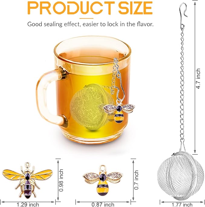 TeaSanavie Handmade Tea Ball Infusers - 2pcs, Honey Bee Strainers with Bee Charm Pendant for Loose Leaf Tea