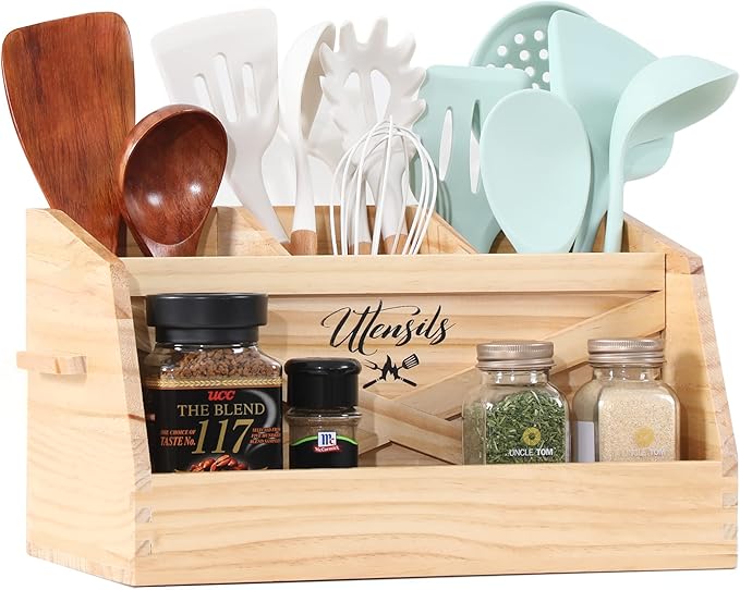 Innovation Kitchen Utensil Holder for Countertop with 4 Compartments, Wood Utensil Organizer for Cooking Tools(Utensil Not Included)