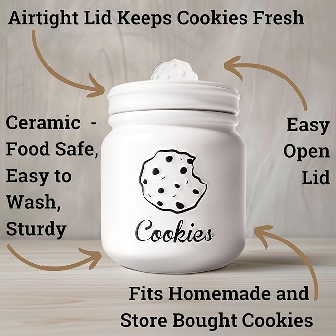 HB Design Co. Cookie Jar with Airtight Lid - 6" D x 8" H Matte White Ceramic Cookie Jar with Rubber Lined Lid - Large Cookie Jars with Lids Airtight - Farmhouse Cookies Jar for Kitchen Counter