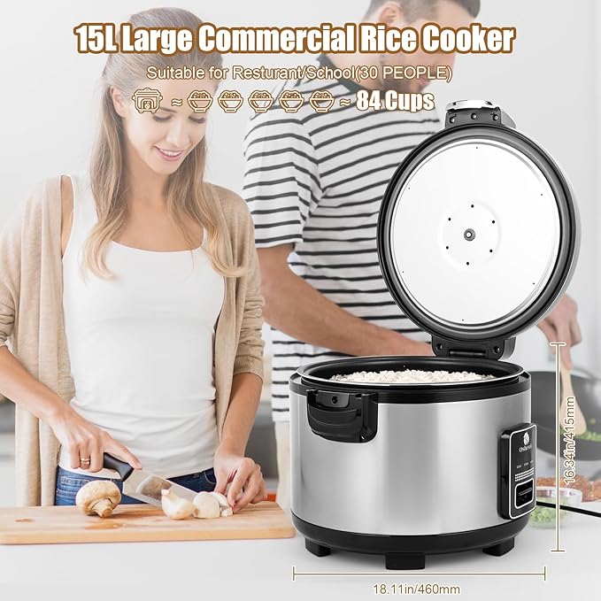 Commercial Rice Cooker & Warmer 84 Cups (Cooked),15.85 Qt / 15 Liter Large Capacity Rice Cooker,Auto Keep Warm,Non-Stick Inner Pot,1350W Fast Cooking Electric Rice Cooker For Restaurant,Hotel