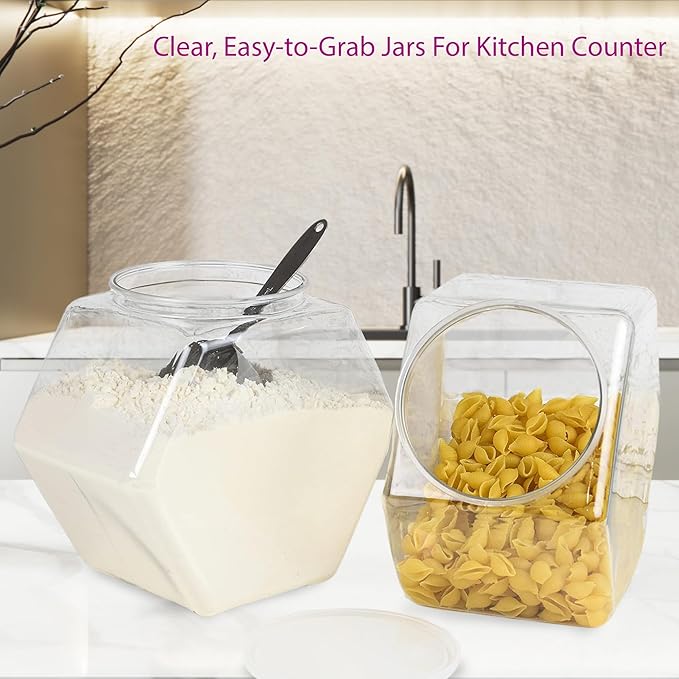 DilaBee 2-Pack Plastic Cookie Jar 1.5 Gallon (197oz) - Large Cookie Jar, Hexagon Candy Dish with Lid for Kitchen, Candy Bowl for Office - Sugar and Flour Containers, Plastic Jar with Labels - BPA-Free
