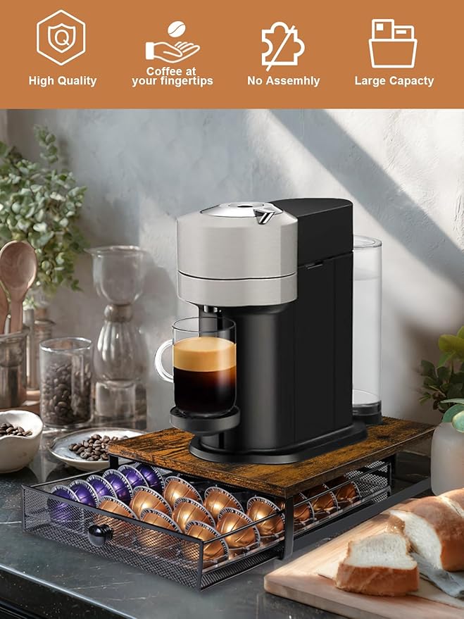 Sedegn Coffee Pod Holder Drawer Organizer Vertuo Capsules Storage Organizer with Sliding Drawer Compatible For Nespresso Vertuo Pods, Holds up to 56 Small or 28 Big Vertuo Pods Rustic Brown