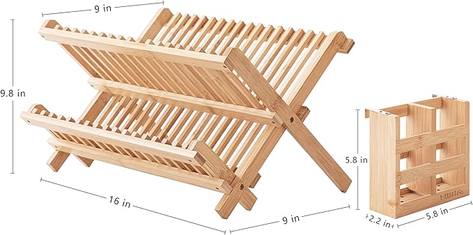 HBlife Bamboo Folding 2-Tier Collapsible Drainer Dish Drying Rack with Utensils Flatware Holder and 2pcs Dish Plate Bowl Cup Book Pot Lid Cutting Board Drying Rack Stand