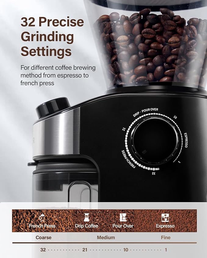 SHARDOR Burr Coffee Grinder Electric with 32 Grinding Sizes 3.0,Coffee Bean Grinder with 40 Seconds Adjustable Electronic Timer, Coffee Grinders for Home Use with Chamber Cleaning Button,Black