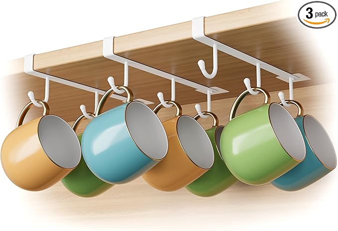 ECROCY Coffee Mug Holder Under Cabinet, 3pcs Coffee Cup Holder Only Fits Flat Shelf Without Any Lip, Clip-On Mug Hooks No Drilling Free Damage