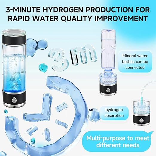 Hydrohealth Hydroh Hydrogen Water Bottle Generator, Portable and Rechargeable Hydro Health Hydrogen Water Bottle Glass with SPE Pem Technology,3 Min 4100 PPB Pure Hydrogen Rich Concentration