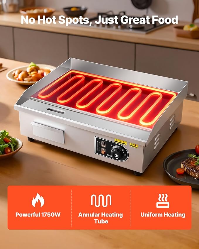 VEVOR Commercial Electric Griddle, 21 x 11.8 inch, 1750W, 122-570°F Adjustable Temp Control, Stainless Steel Countertop Flat Top Grill with 2 Spatulas, 2 Brushes and 4 Foot Pads, for Steak, Pancake